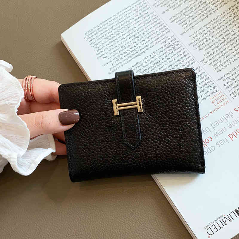 

100% Real Leather Short Wallet Luxury h Letter Hasp Women Wallets First Layer Cowhide Purse Billfold Brand Design Card Bags 2022, Red;black