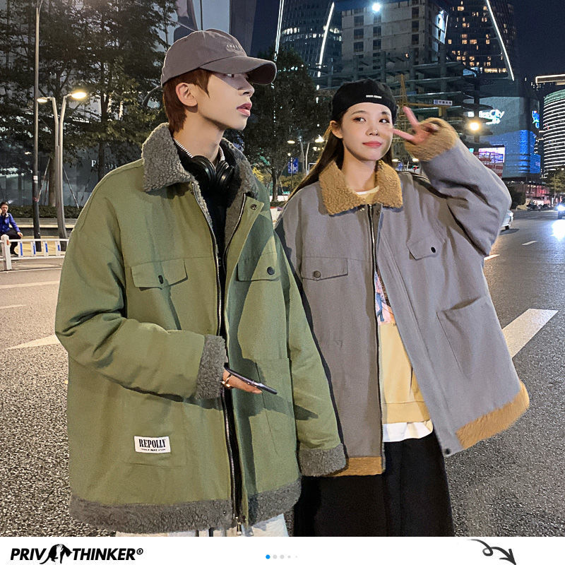 

2021 New Privathinker Thicken Zipper Couple Winter New Man Oversize Jackets Japanese Streetwear Woman Warm Clothing ES1B, Gray