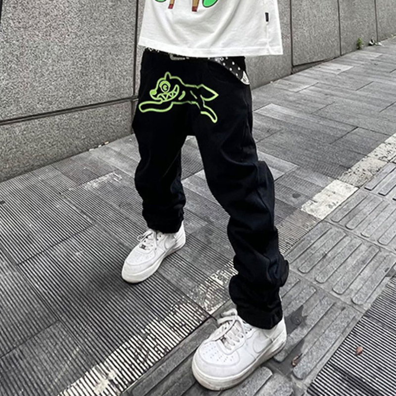 

Green Back Letter Embroidery Ripped Black Jeans Pants Mens Straight Streetwear Casual Denim Trousers
