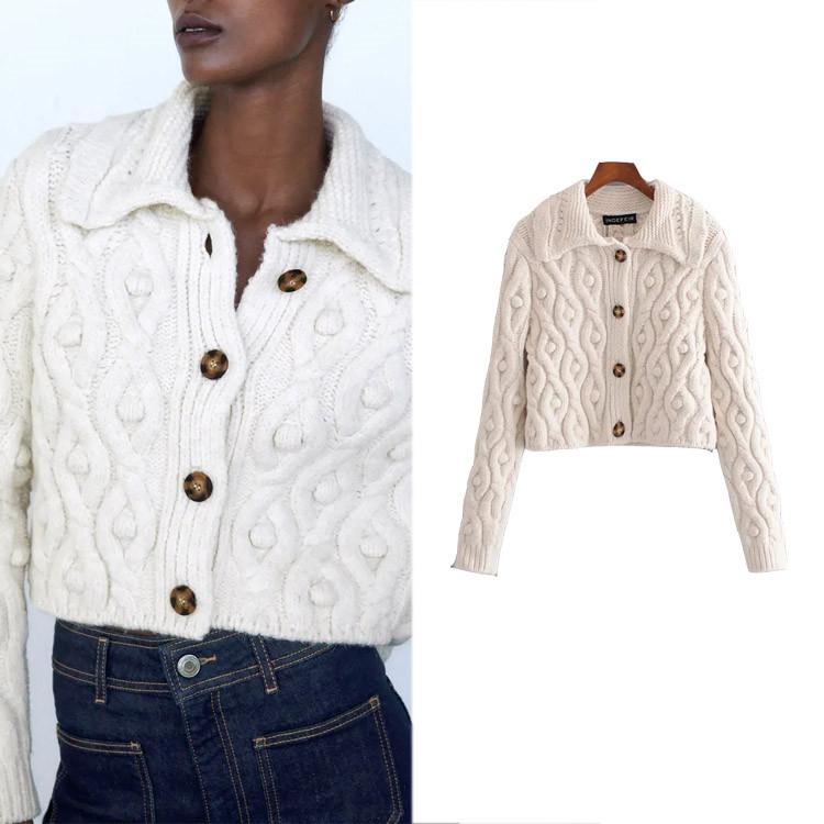 

Female Casual and versatile retro twist knitwear top autumn winter women' dot turn-down slim look solid color sweater coat, White