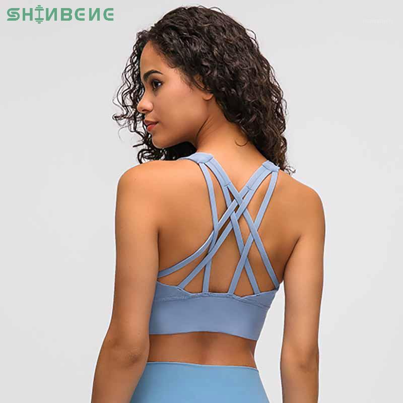 

SHINBENE Naked-feel Fabric Anti-sweat Pro Training Yoga Fitness Bras Crop Tops Women Push Up Shockproof Running Sports Bras Top1, Ice blue