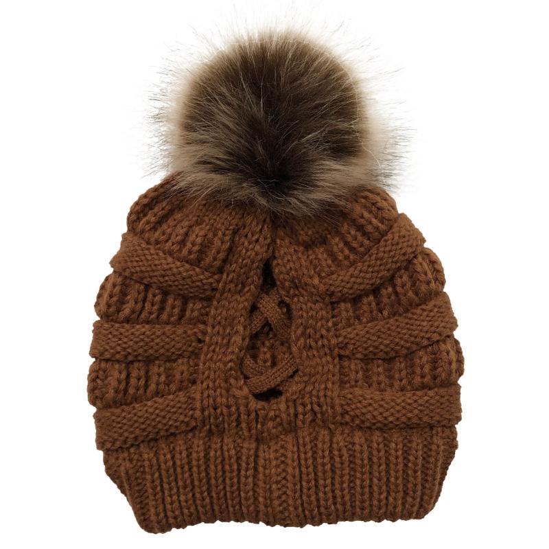 

Women Winter Knit Beanie Hat with Removable Pompom Crisscross Skull Cap N58F