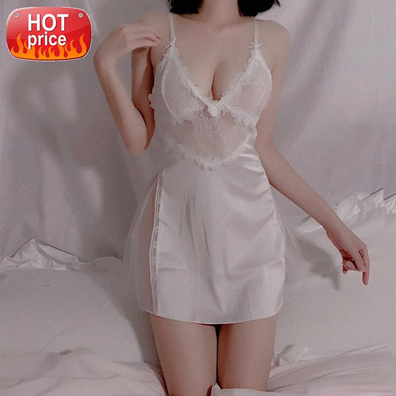 

Winter Sexy Sleep Tops Silk Night Dress Pijamas Women Sheer Mesh Lingerie V Neck White Black Dropshipping Camisolas Nightgown #dI6V, Black;white