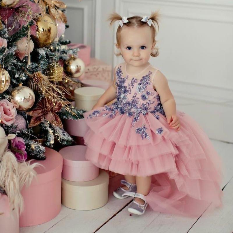 

Lovely Pink High Low Flower Girls Dresses O Neck Ruffles Bead Toddler Communion Dress Front Short Back Long Kid Party Gowns, White
