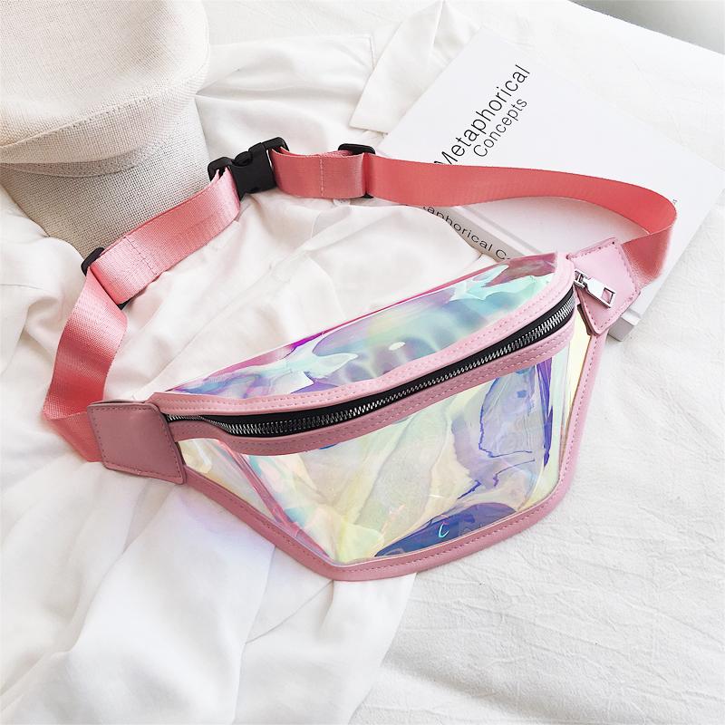 

Fashion Women PVC Fanny Pack Travel Waist Bag Laser Purse Shoulder Chest Bag Sport New Large Capacity Waist Packs belt, Pink