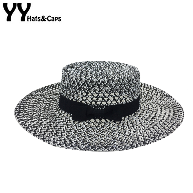

Black White Straw Hats Women Summer Wide Brim Beach Caps Fashion Flat Top Sunhats Lady Mesh Breathable Bow Sun Visor Cap YY18049, White beach cap