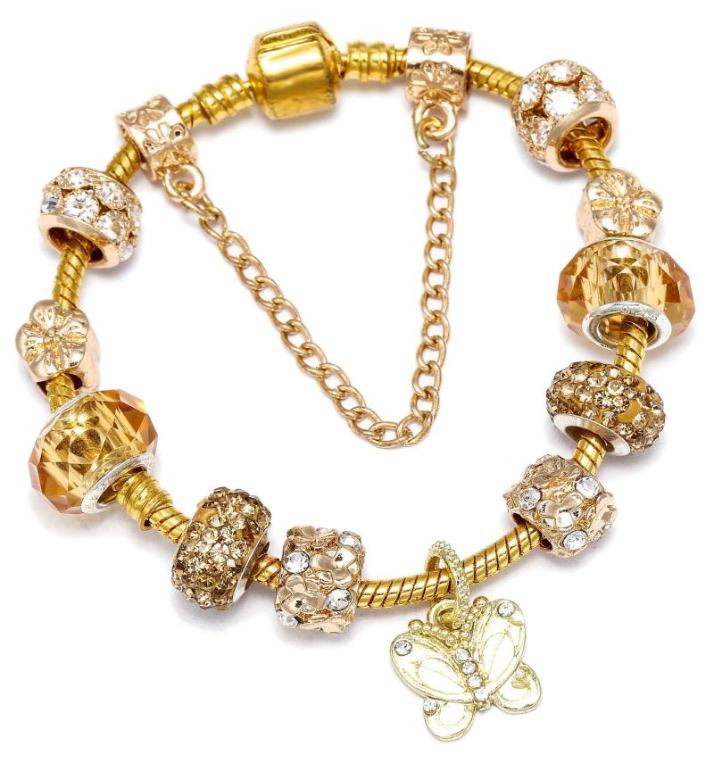 

Golden Butterfly Rhinestone Girl Gift Fashion Beads Jewelry Heart Charm Bracelet Bangle Gold Color DIY Wholesale 2021new