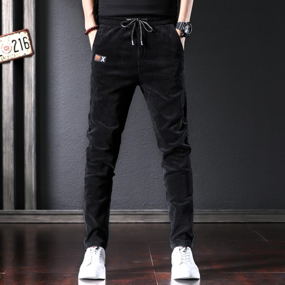 

2021 New Autumn Newly Designer Fashion Men Jeans Korean Style Elastic Slim Fit Casual Corduroy Pencil Pants Winter Velvet Warm Trousers Rpap, Black