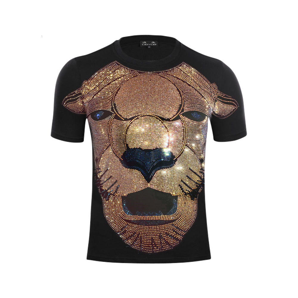 

Summer New Fashion Mens Designer Shirt Men Short Sleeves Tshirt Cotton Top Tees Crystal Big Lion King Clothing Shirts Czc8, Black