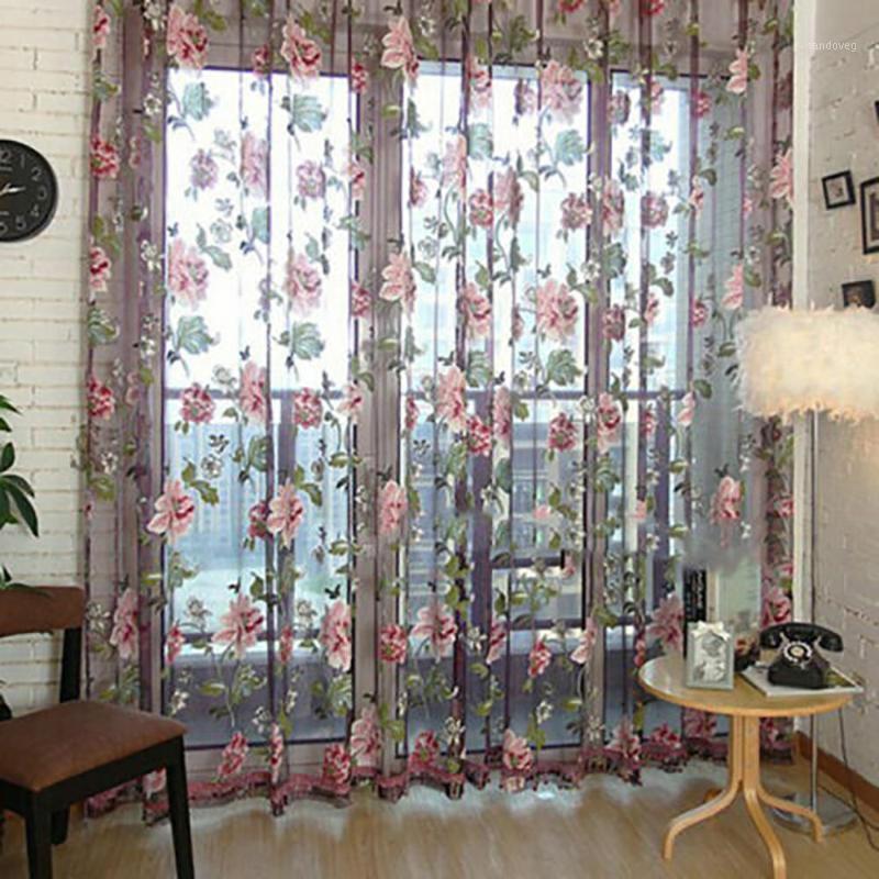 

Flower Curtain Romantic Floral Tulle Voile Purple Burnout Peony Flower Sheer Curtains Door Window Curtain Drape Panel Sheer1, White