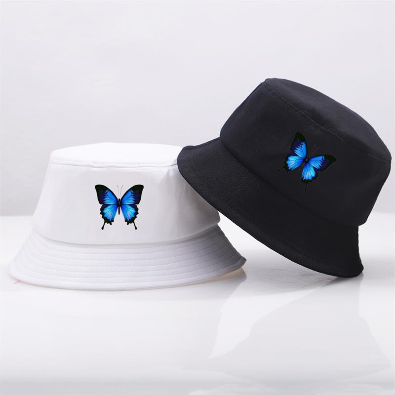 

Blue Butterfly Harajuku Fisherman's Hats Sunscreen Casual Beach Sun Cap Outdoor Unisex Bucket Hat Foldable Cotton Panama Caps, Beige