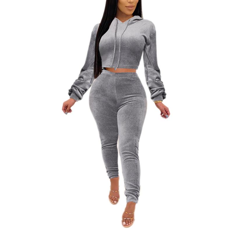 

Autumn Winter Woman' Suit Sexy Long Sleeve Bare Midriff Short Hoodie with Drawstring Slim Elastic Pencil Pants, Red
