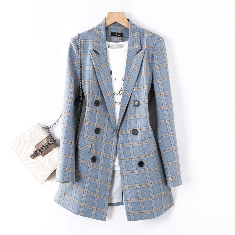 

Casual Women Triple Breasted Blue Plaid Blazer High Quality Female Fashion Tops Coat Outerwear Loose Spring Autumn Jackets