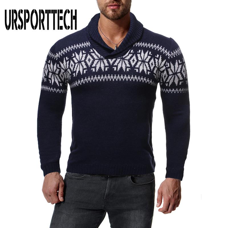 

URSPORTTECH Turtelneck Christmas Sweater Men Pullover Jumper Autumn Casual Printed Knitted Sweaters Streetwear Long Sleeve Pull, Navy