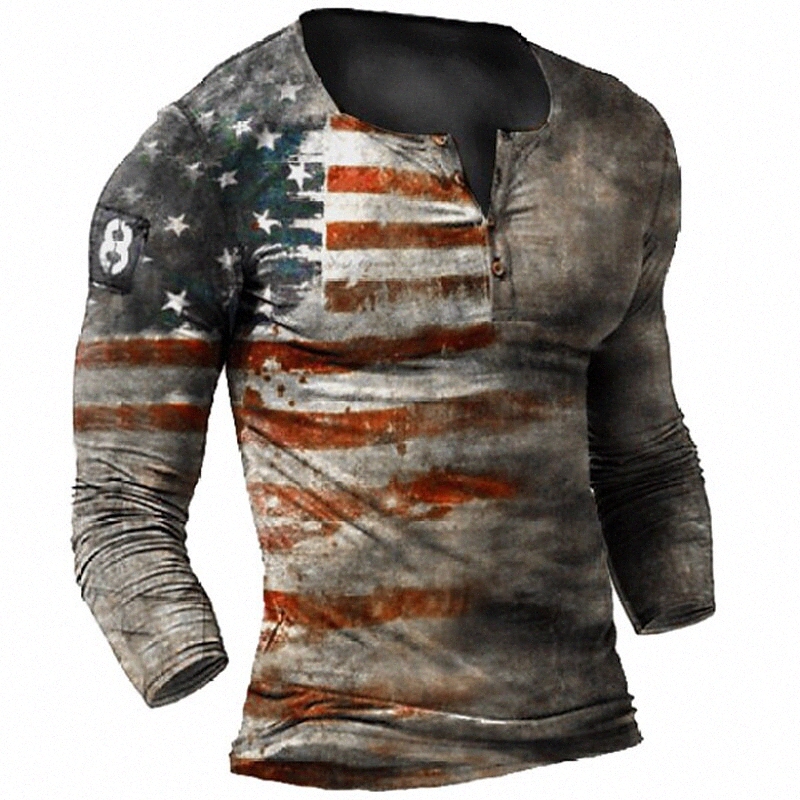 Men's T shirt 3D Print Graphic Prints American Flag Plus Size Henley Casual Daily Button-Down Print Long Sleeve Tops Basic Fashion Vintage D