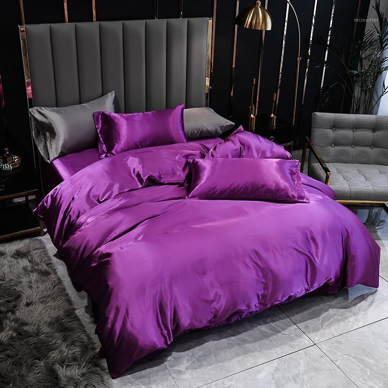

Solid Color Purple Bedding Set Single Double Luxury Bed Duvet Cover Comforter Set Silk Bed Linen1, Black