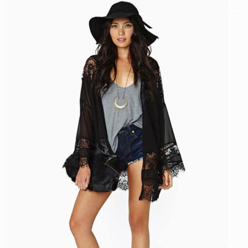 

Wholesale- JECKSION Cardigan women coat,2016 Fashion Lace Splicing Hollow Out Chiffon Kimono Cardigan Tops Black Shipping #LYW1, As pic