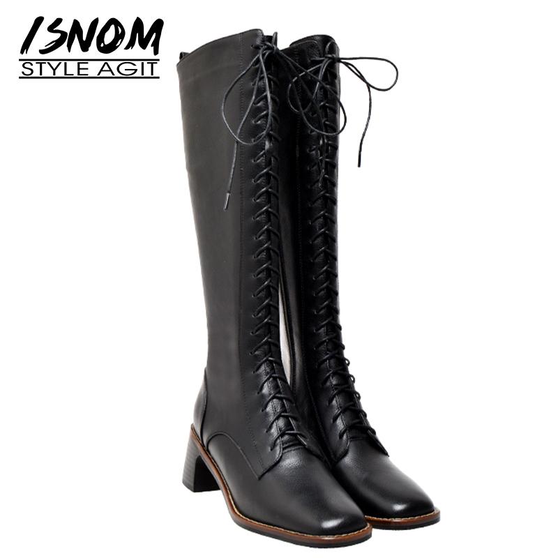 

ISNOM High Heels Boots Women Cross Tied Mid-Calf Boot Woman Motorcycle Shoes Female Square Toe Shoes Ladies Winter 2020 New, Black
