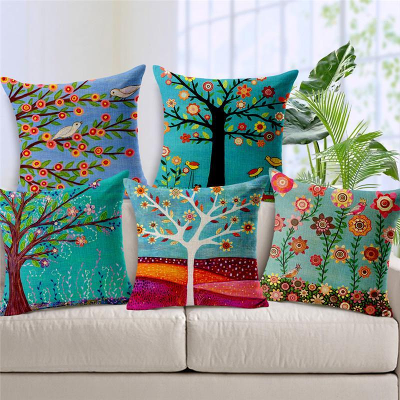 

Country Throw Cushion Cover Colorful Painting Flowers Pillowcase Bird Tree Plant Home Decor Outdoor Living Room Garden Pillows1