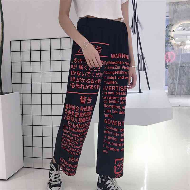 

Contrast Graffiti Letter Red Print Elastic High Waist Loose Summer Hip Hop Punk Pant Streetwear Harajuku Korean Trouser Black, Black;white