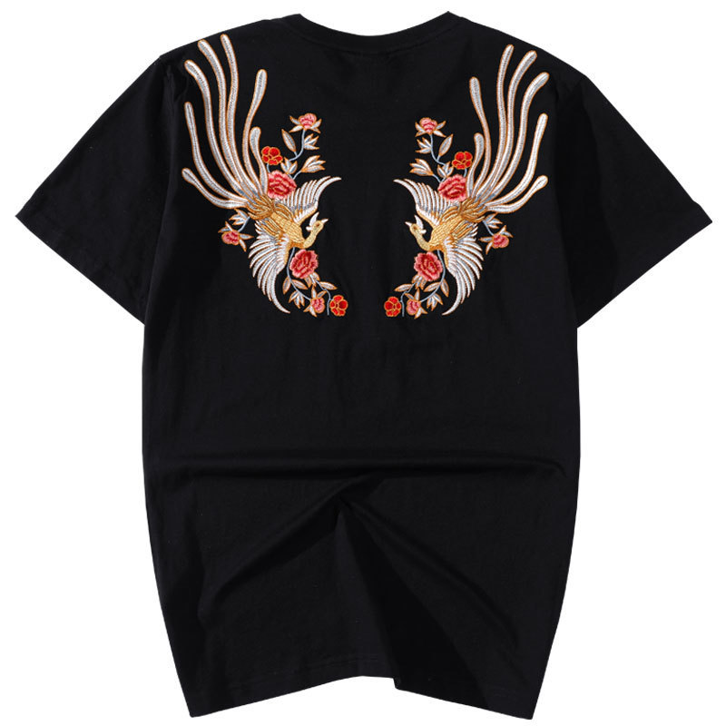

2021 New Summer Embroidered T-shirt Hip Hop Men Shirt of Short Cotton Animal Phoenix Flower Japanese Streetwear Top t Hipster New 81XW, Black