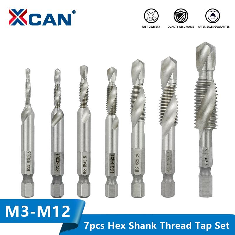 

XCAN Threading Tools Hex Shank HSS4341 Screw Thread Tap 7pcs M3 M4 M5 M6 M10 M12 Spiral Machine Plug Tap Drill Thread