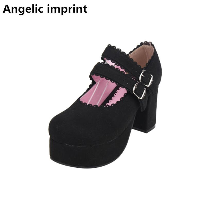 

Angelic imprint woman mori girl lolita cosplay shoes lady high heels pumps women princess dress party shoes black flock 8cm 47
