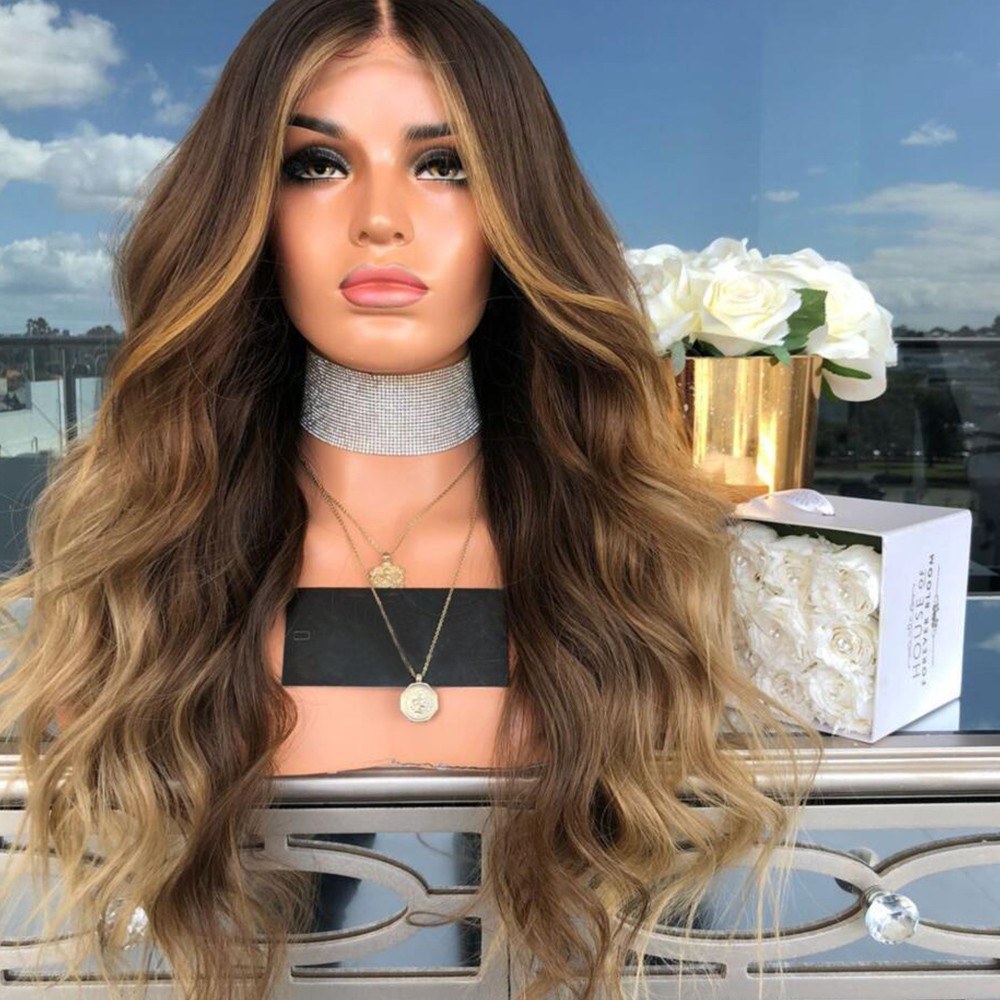 

22'' Natural Soft Long Wavy Ombre Blonde Wig Hair Synthetic Fiber Hair Wigs High Temperature Heat Resistantfor Party Cosplay