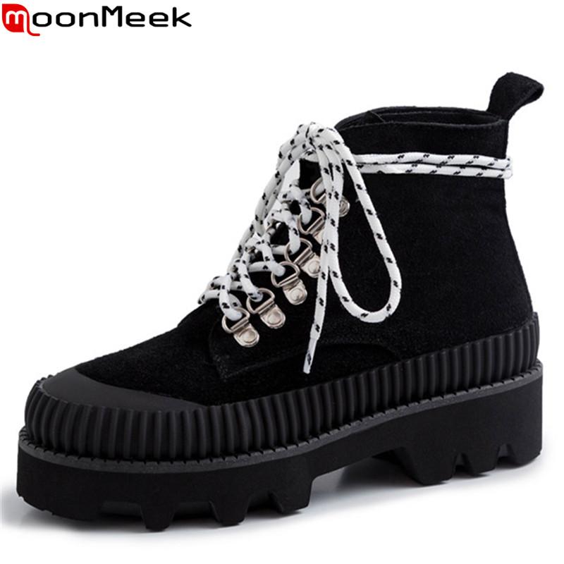 

MoonMeek 2020 suede leather boots women round toe lace up ladies ankle boots classic cross tied autumn winter platform, Black canvas
