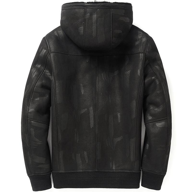 

Real Genuine Jacket Men Hooded Winter Sheepskin Coat Short Wool Lining Men's Leather Jackets Blouson Cuir Homme 4714, Black