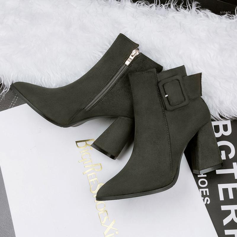 

Winter Women Plush Boots Lady 8cm High Heels Short Ankle Boots Female Green Pointed Toe Buckle Chunky Nightclub Shoes1
