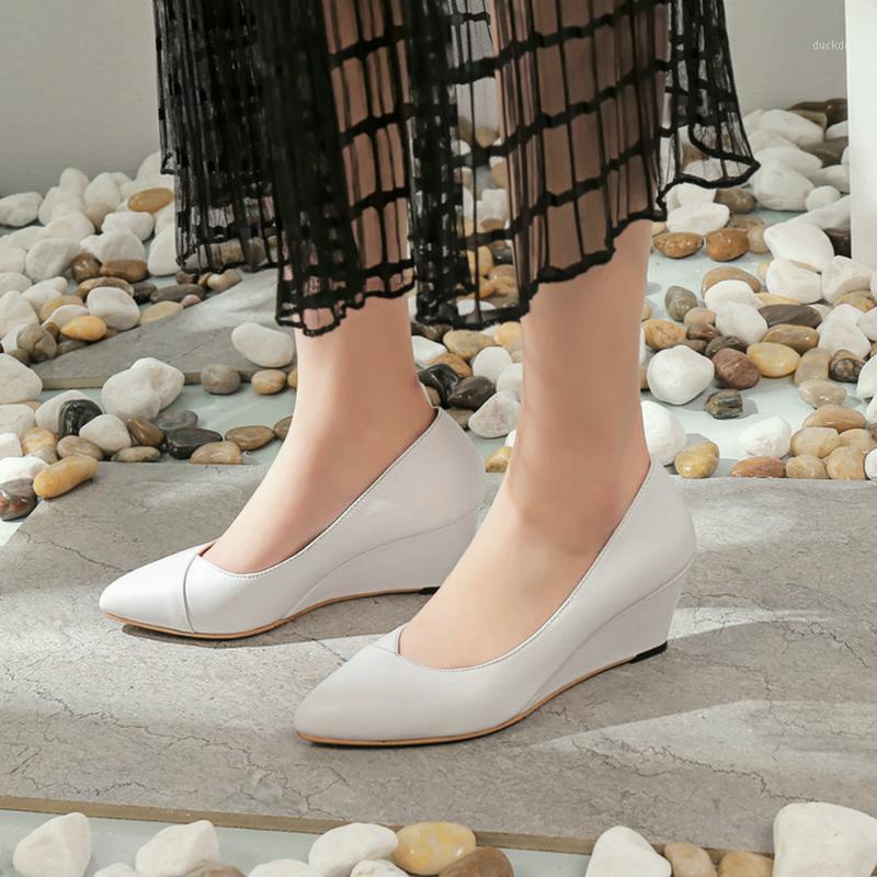 

EshtonShero Women's Shoes Woman Pumps Cow Leather Wedge Med Heels Pointed Toe Basic Classic Black Ladies Wedding Shoes Size 3-91, Beige