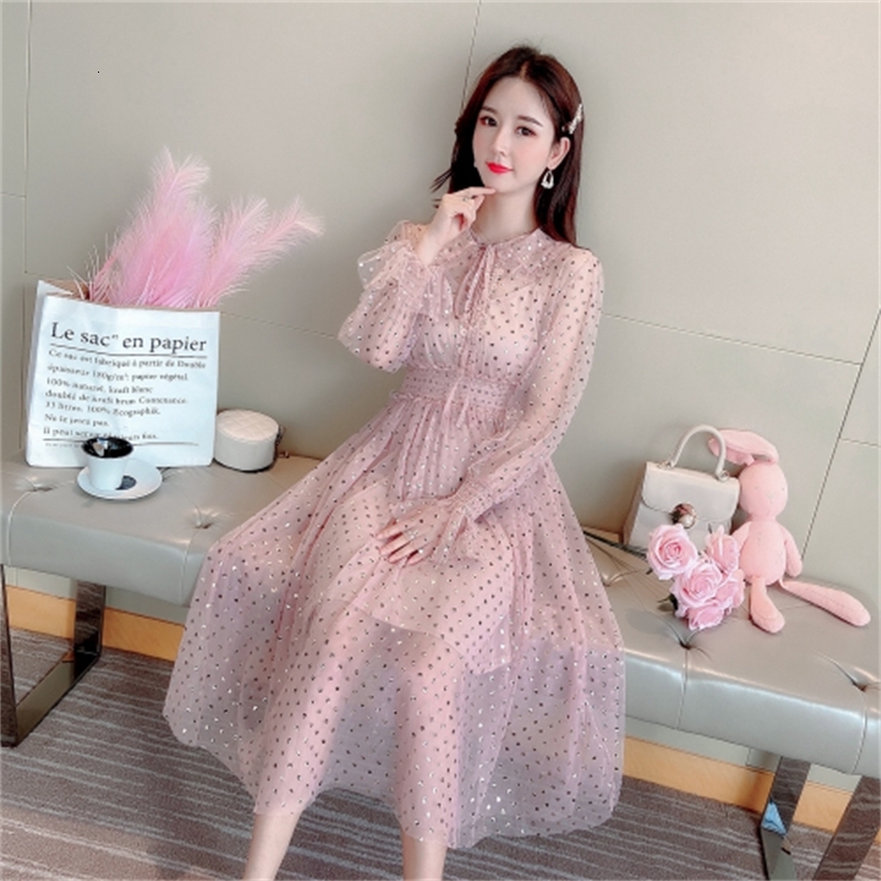 

Elegant Summer Lace Vintage Maxi Sequins Lady Chiffon Long Female Dress Tl6o, Pink.