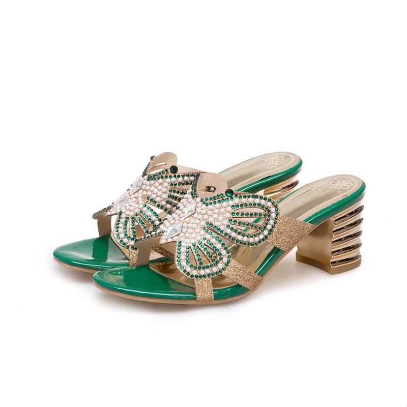 

Fanyuan Slipper new arrive women sandals sweet rhinestone summer shoes big size 34-43 simple shallow 6cm high heels shoes woman, Gold