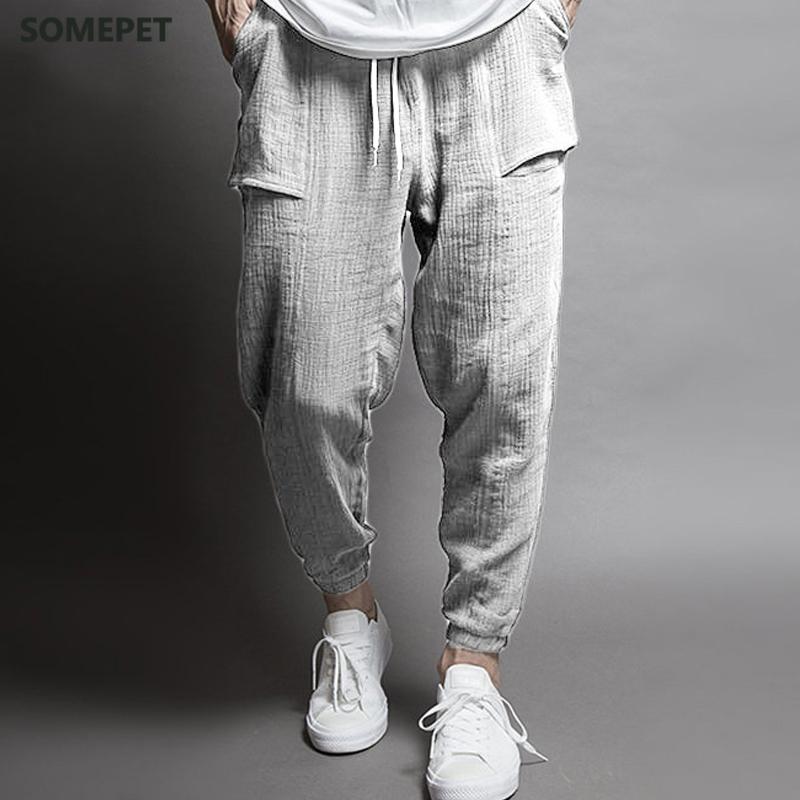 

High Quality Mens Hip Hop Cotton Linen Pants Drawstring Waist Pocket Loose Pencil Pants Casual Harem Sweatpants Trousers, Black