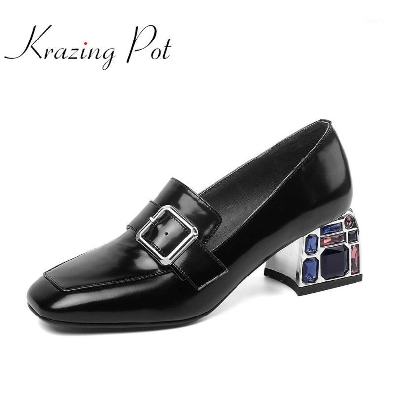 

Krazing pot natural leather square toe high diamond square heels leisure deep mouth slip on buckle decorations fashion pumps L651, Black