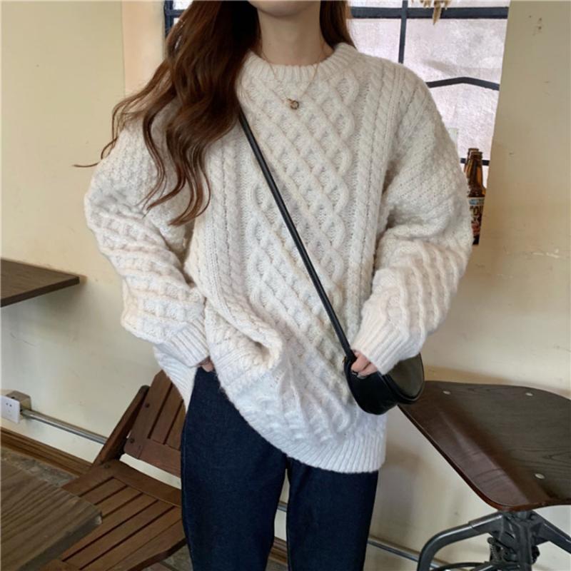 

Sweater Diamond Check Twist Sweater Women 2020 Autumn And Winter New Loose Candy Color Round Neck Pullover Top Clothes, Beige