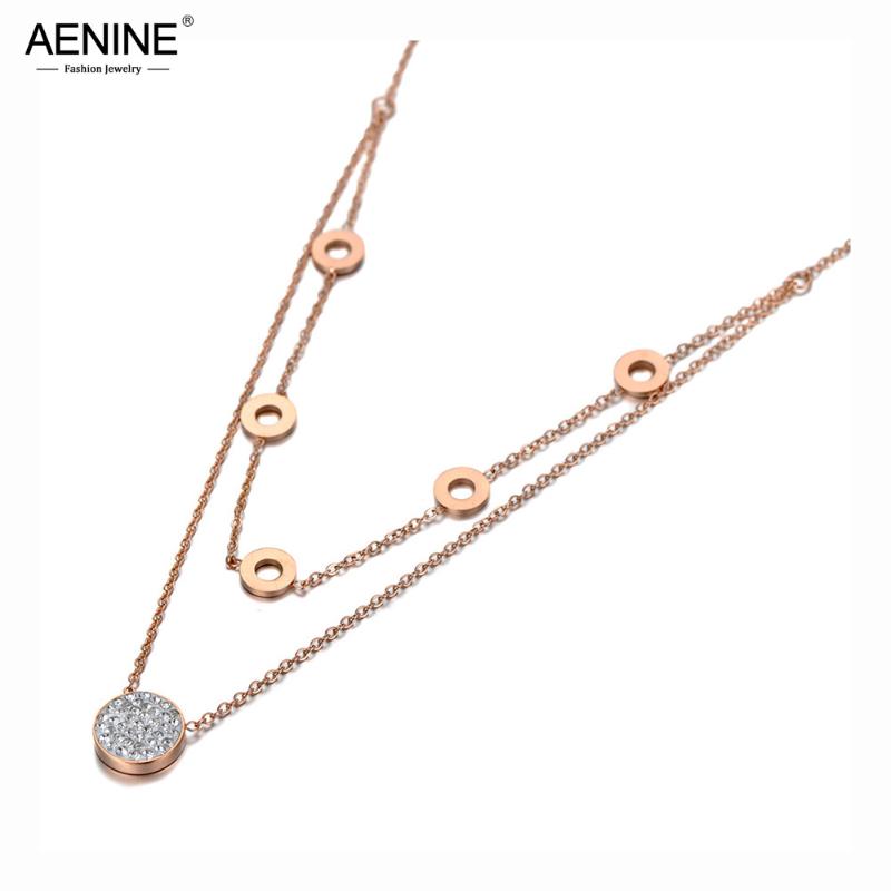 

Chokers AENINE Titanium Stainless Steel Double Layer Choker Necklaces Clay Rhinestone Geometry Circle Necklace For Women Girls AN20003