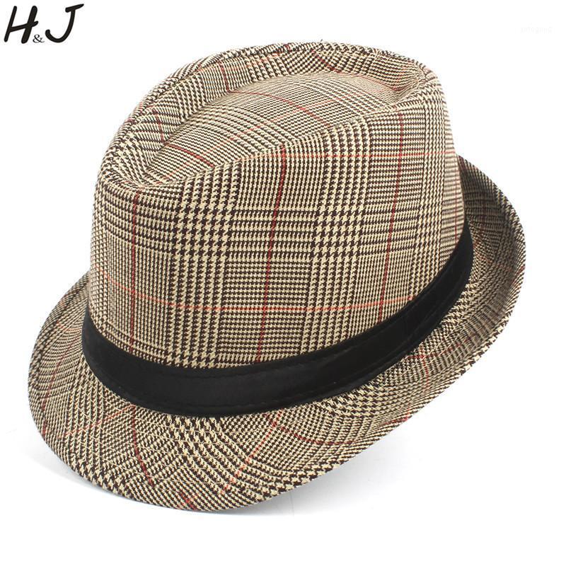 

Wide Brim Hats Fashion Men Cotton Plaid Fedora Hat For Dad Gentleman Sun Homburg Size 58CM1, Khaki