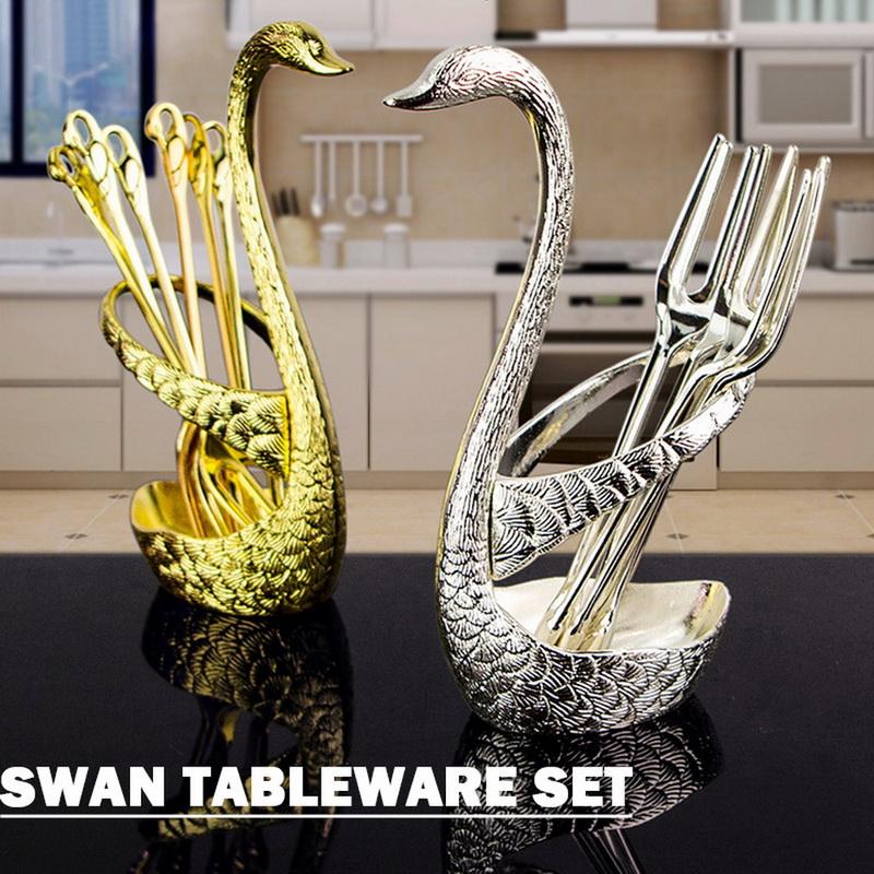 

7Pcs Swan Fruit Base Holder Forks Set Stainless Steel Salad Dessert Forks Coffee Spoon Cake Kitchen Decor Flatware Set Tableware