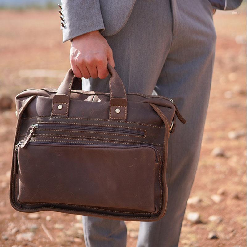 

Luufan Genuine Leather Briefcase Bag for man fit for 14 inch PC Business Bag Vintage male laptop handbag Handmade Crossbody1, Brown3