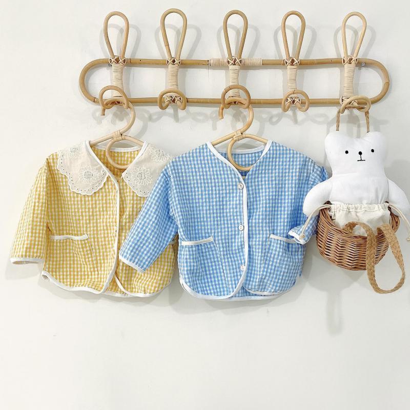 

2021 New Soft Cotton Baby Girls Lace Collar Jacket Autumn Long Sleeve Kids Boys Outerwear Plaid Children Coat Tops Eee6, C149yellow