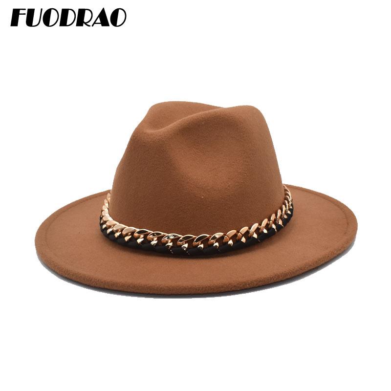 

FUODRAO New Fashion Fedoras Hats Women Wool Chain Wide Brim Jazz Hat Vintage Panama Cowboy Hat Men Black Caps Dropshipping F111