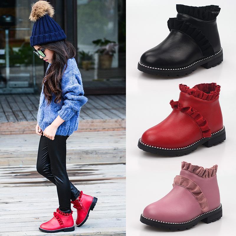 

2021 new children's leather boots girl's fashion boots Princess leather shoes pure color winter plush cotton1, Black