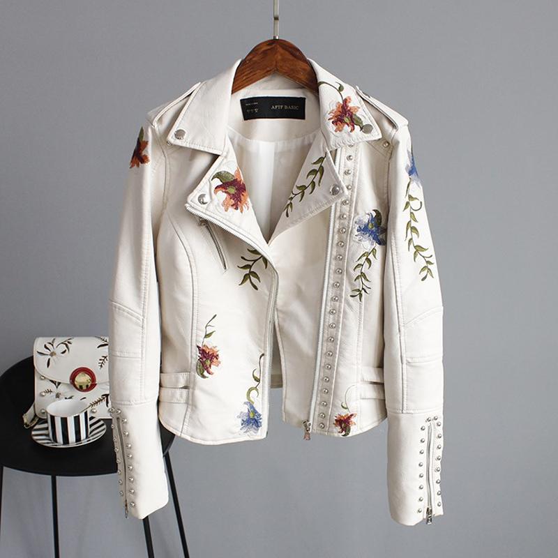 

Women Vintage Faux Leather Jacket Spring Autumn Floral Embroidery Zipper Short Leather Coat Wman Motorcycle Biker Outerwear, Black
