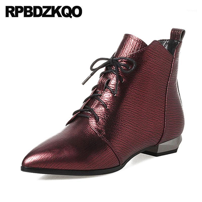 

Flat Wine Red Big Size Genuine Leather Women British Metallic Front Lace Up Casual Ankle Boots Autumn Pointed Toe Booties Shoes1, Gun color