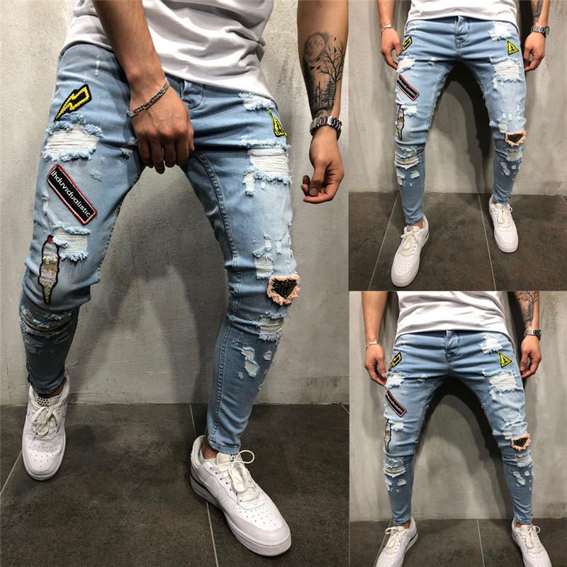 

Brand Men Jeans Ripped Stretchy Masculina Blue Pants Low Waist Pencil Pants Fashion Casual Streetwear Hip Hop Slim Fit Jeans