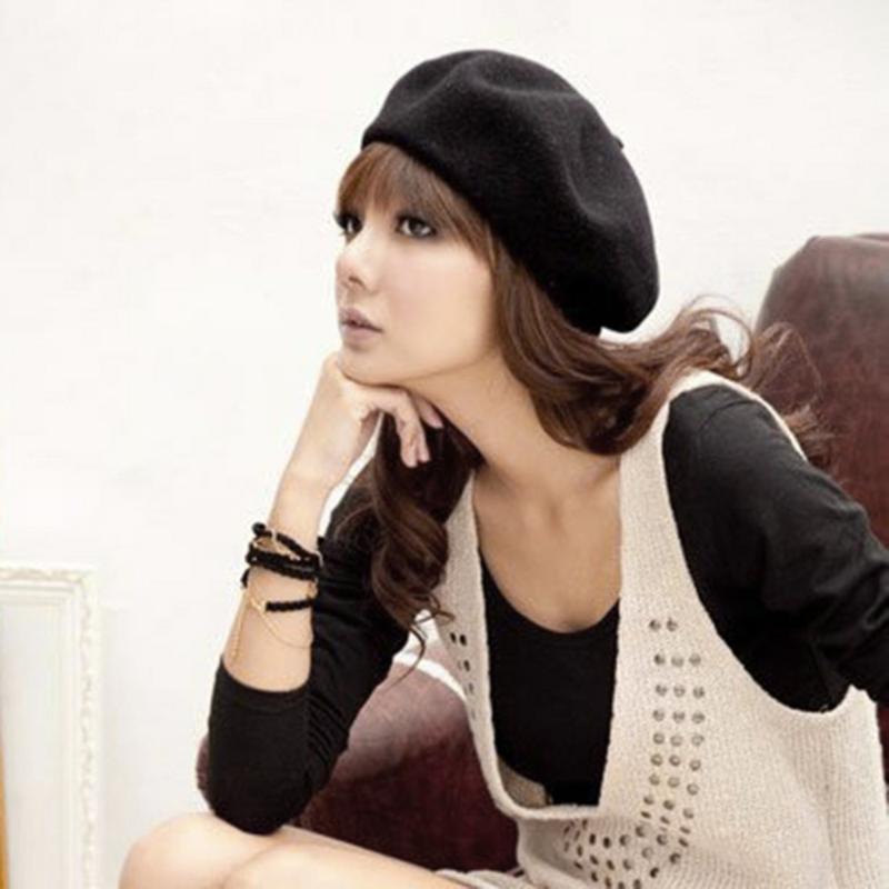 

Women Beret Hats Solid Color Warm Wool Winter Thin Wool Girls Beret French Artist Beanie Hat Cap Femme A30, Black