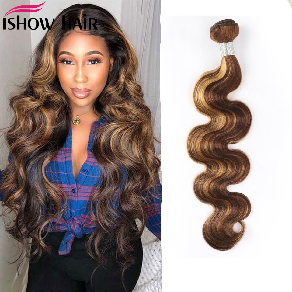 

Ishow Weaves Bundles Weft 8-28inch Highlight 4/27 Ombre Brown Color Body Loose Deep Malaysian Brazilian Peruvian Virgn Human Hair Extensions for Women All Ages, Water wave