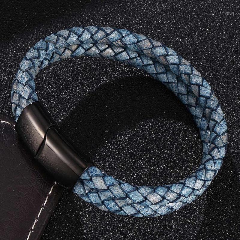 

Double Layer Retro Blue Braided Leather Bracelet Men Jewelry Fashion Stainless Steel Magnetic Clasp Bangles Male Wrist Band Gift1